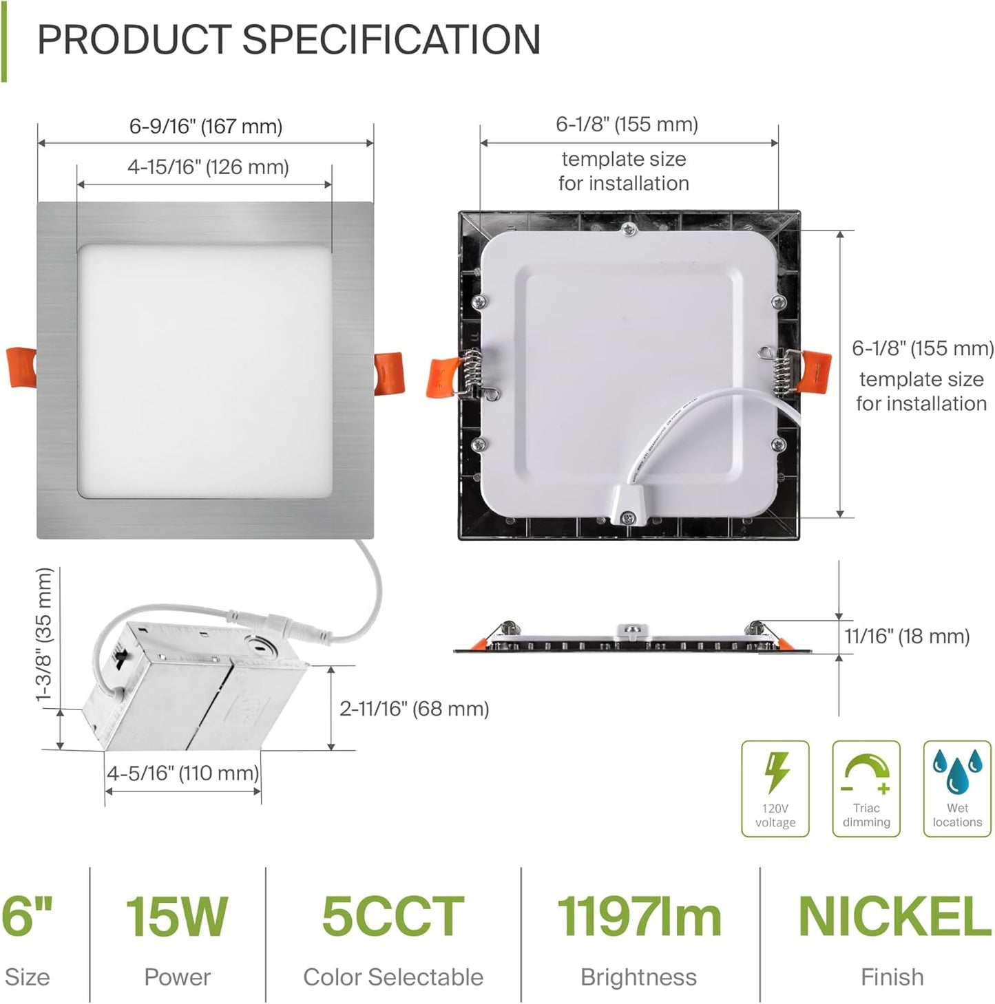 ASD Lighting LED Recessed Mini Panel Square 6inch 15W 120V Triac 2700/3000/3500/4000/5000K Nickel UL Energy Star 6 pack