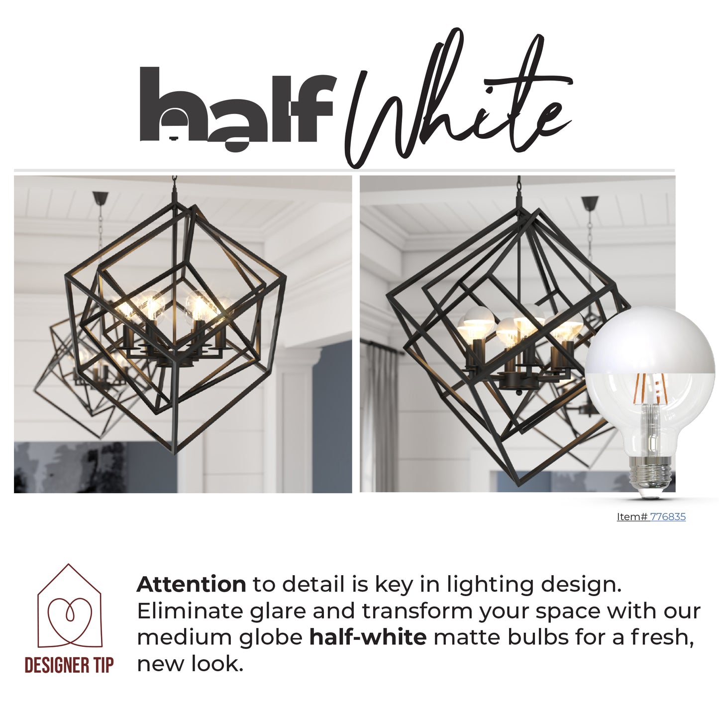 Bulbrite 862068 LED Filament Pack of (2) 6 Watt Dimmable G40 Light Bulb with Half White Glass Finish and Medium (E26) Base - 2700K (Warm White Light), 500 Lumens