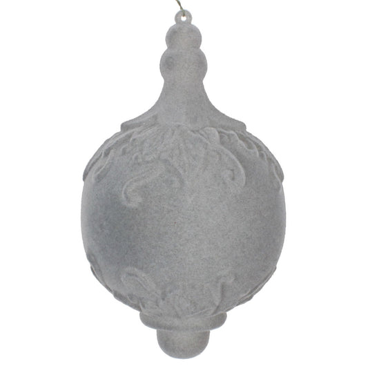 Vickerman 6" Silver Flocked Drop Finial Ornament 2/Bag. These ornaments feature a soft and fuzzy finish. They are the perfect addition to any holiday decorating project. Each ornament features a drilled cap with threaded wire for easy decorating. Includes