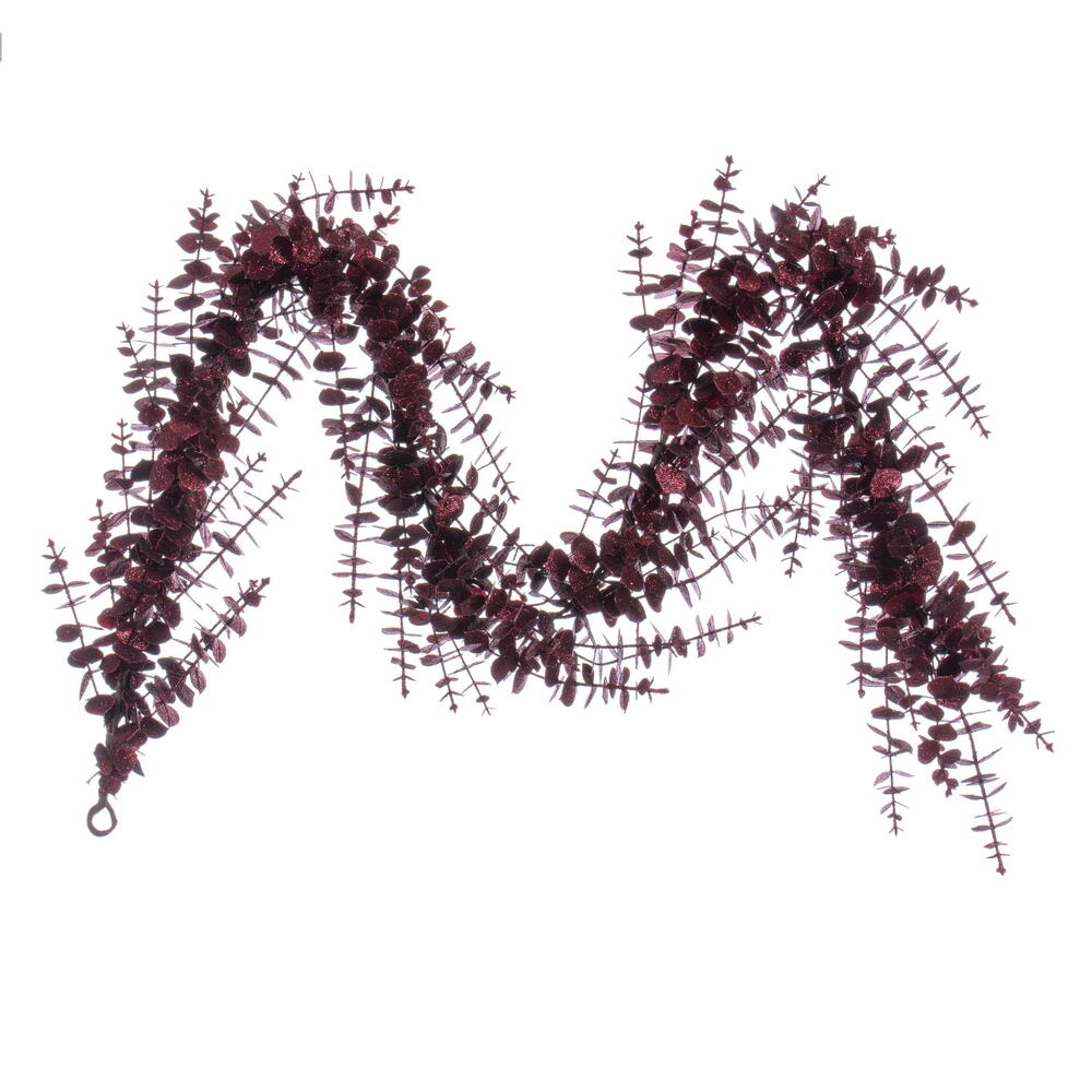Vickerman 6' Burgundy Artificial Eucalyptus Glitter Garland.