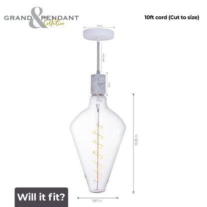 Bulbrite LED Grand Bulb and Pendant Kit of (1) 4 Watt Clear Glass 15" Diamond Shaped Bulb and (1) White Marble Open Socket Pendant on White Fabric Braided Cord - 2200K (Amber Light)