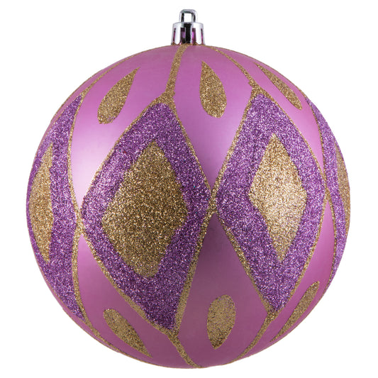 Vickerman 4.75" Orchid Matte Ball with Glitter Diamond Pattern. Add variety and sparkle to your holiday arrangement with this matte ornament that features a glitter pattern. Includes 4 pieces per bag. Made with shatterproof plastic. Ornament has a drilled