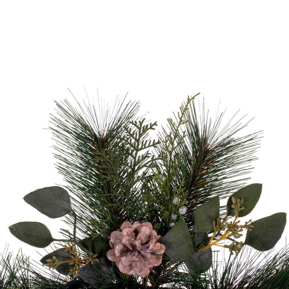 Vickerman 30" Artificial Long Leaf Pine with Seeded Cedar Eucalyptus Foliage and Pinecones 3 Candle Holder