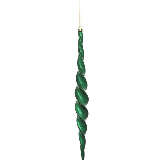 Vickerman 14.6" Midnight Green Shiny Spiral Icicle Ornament with drilled and wired caps. Comes 2 per Box.