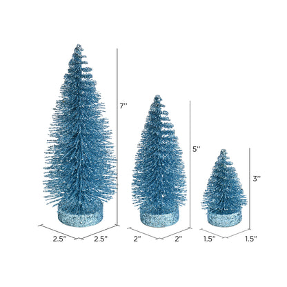 Vickerman 3"-5"-7" Baby Blue Glitter Oval Pine Artificial Christmas Tree Set of 3