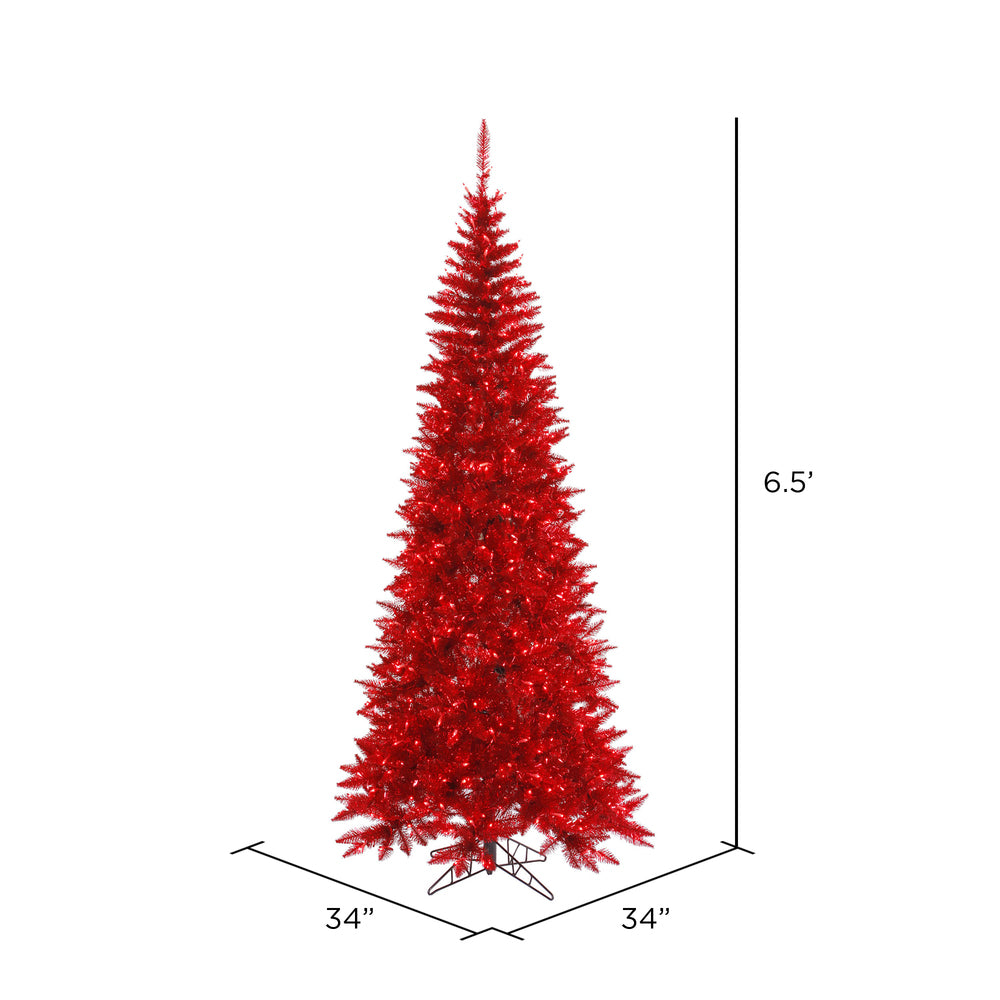 Vickerman 6.5' Tinsel Red Fir Slim Artificial Christmas Tree Red  Dura-lit LED Lights