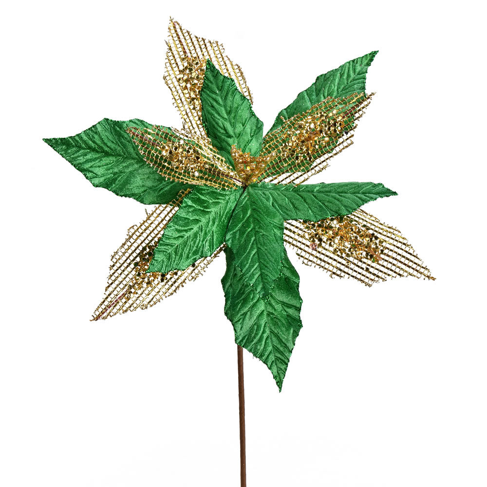 Vickerman 13" x 23" Green Poinsettia Mesh Glitter Artificial Christmas Spray. Includes 6 sprays per pack.
