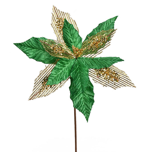 Vickerman 13" x 23" Green Poinsettia Mesh Glitter Artificial Christmas Spray. Includes 6 sprays per pack.