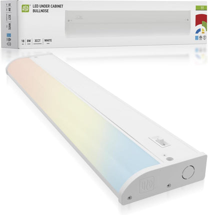 ASD Lighting LED Under Cabinet Bullnose 18" 8W 120V Dimmable CCT Selectable 3000/4000/5000K Hardwired, On/Off Switch, White ETL Energy Star