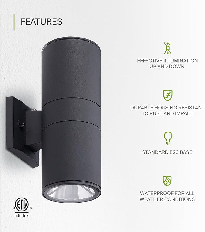 ASD Lighting BULB Round Outdoor Wall Cylinder, Up And Downlight Fixture, 120V, 6.44Wide, 50°, 60W Max, Black Finish, 2 Pack