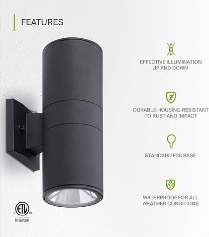 ASD Lighting BULB Round Outdoor Wall Cylinder, Up And Downlight Fixture, 120V, 6.44Wide, 50°, 60W Max, Black Finish, 2 Pack
