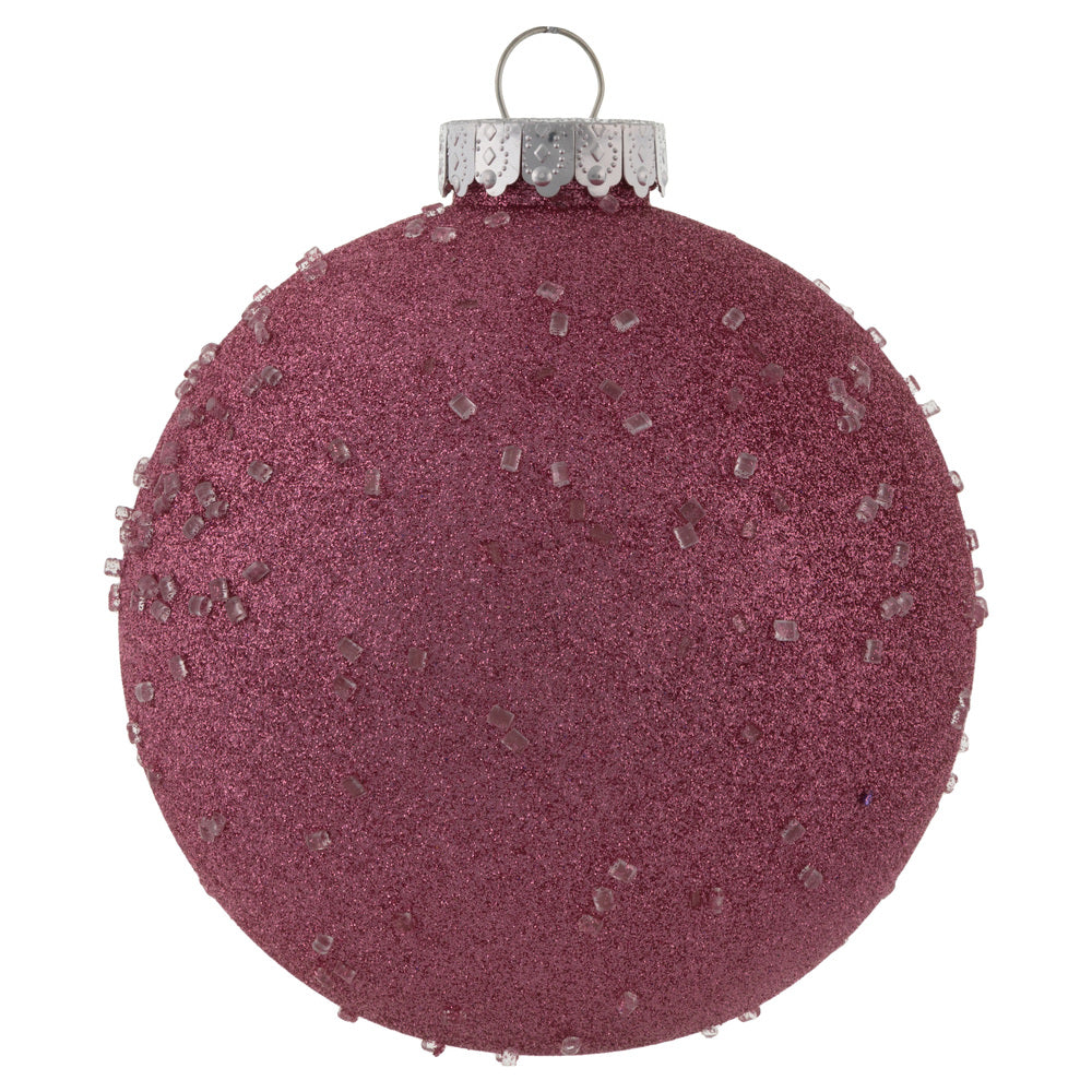 Vickerman 6" Mauve Ice Ball Ornament. This textured ornament has a rough and icy look with a hint of delicate sparkle. Incorporate these ornaments into your holiday design for added texture. Includes 4 pieces per pack. Made with shatterproof plastic.