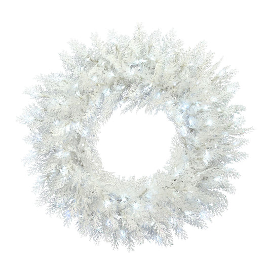 Vickerman 60" Flocked Cedar Pine Artificial Christmas Wreath Pure White Low Voltage LED Wide Angle Lights.
