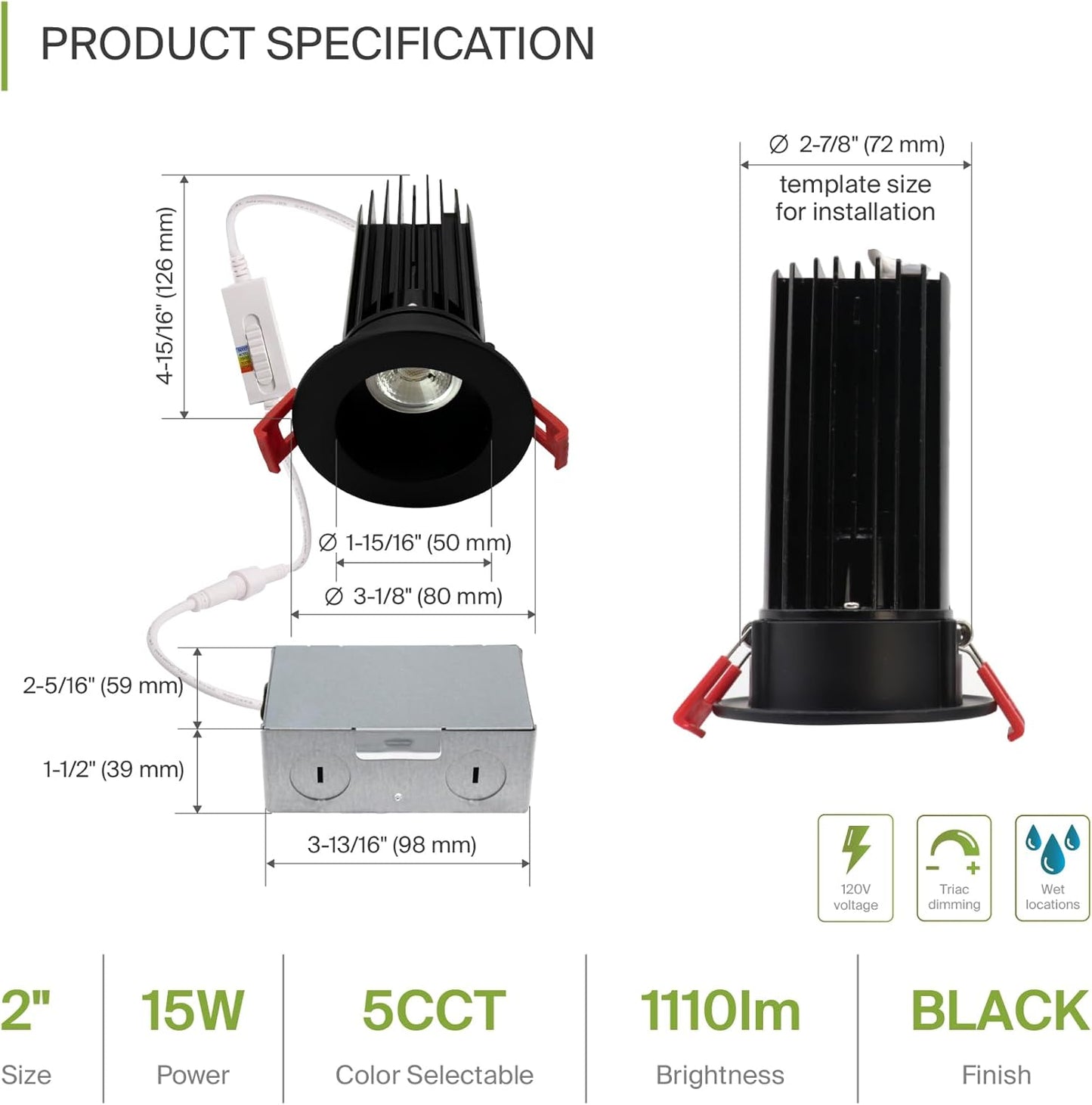 ASD Lighting LED Downlight Round 2inch 15W 120V Triac 2700/3000/3500/4000/5000K Black ETL Energy Star