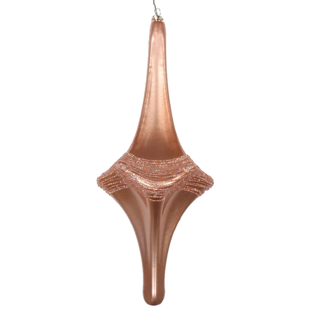 Vickerman 12" Rose Gold Candy Glitter Drop Ornament. This ornament is the perfect addition to any holiday decorating project. Each ornament features a drilled cap with threaded wire for easy decorating.