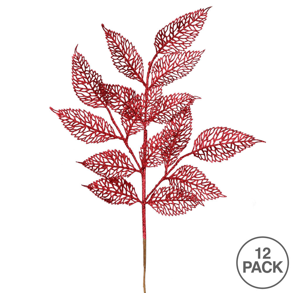 Vickerman 27" Burgundy Glitter Bay Leaf Lace Artificial Christmas Spray. Includes 12 sprays per pack.