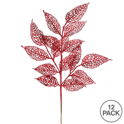 Vickerman 27" Burgundy Glitter Bay Leaf Lace Artificial Christmas Spray. Includes 12 sprays per pack.