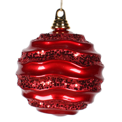 Vickerman 8' Red Stripe Candy Finish Wave Ball Christmas Ornament with Glitter Accents