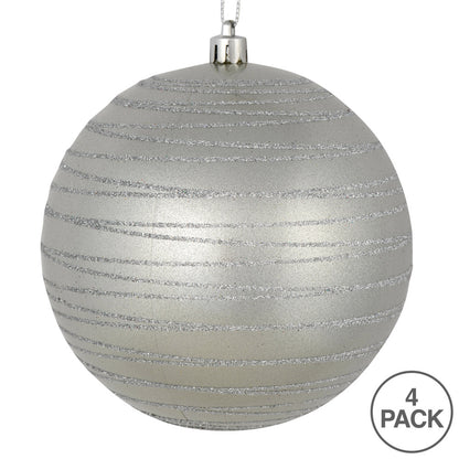 Vickerman 4.75" Silver Candy Finish Ball Ornament with Glitter Lines 4 per Bag