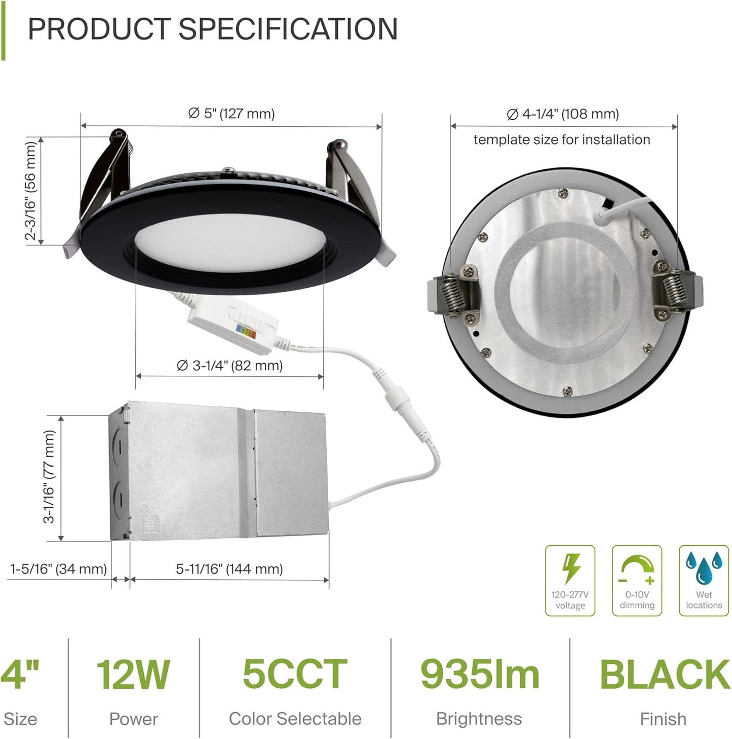 ASD Lighting LED Recessed Mini Panel Round 4inch 12W 120-277V 0-10V Dimmable 2700/3000/3500/4000/5000K with Baffle Trim Black ETL Energy Star