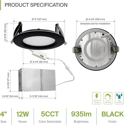 ASD Lighting LED Recessed Mini Panel Round 4inch 12W 120-277V 0-10V Dimmable 2700/3000/3500/4000/5000K with Baffle Trim Black ETL Energy Star
