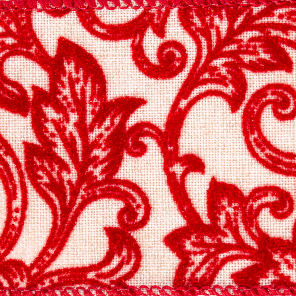 Vickerman 2.5" x 10 Yards Cream and Red Filigree Ribbon