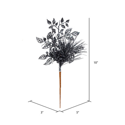 Vickerman 10" Gunmetal Pinecone Glitter Leaf Artificial Christmas Pick 12 per Bag