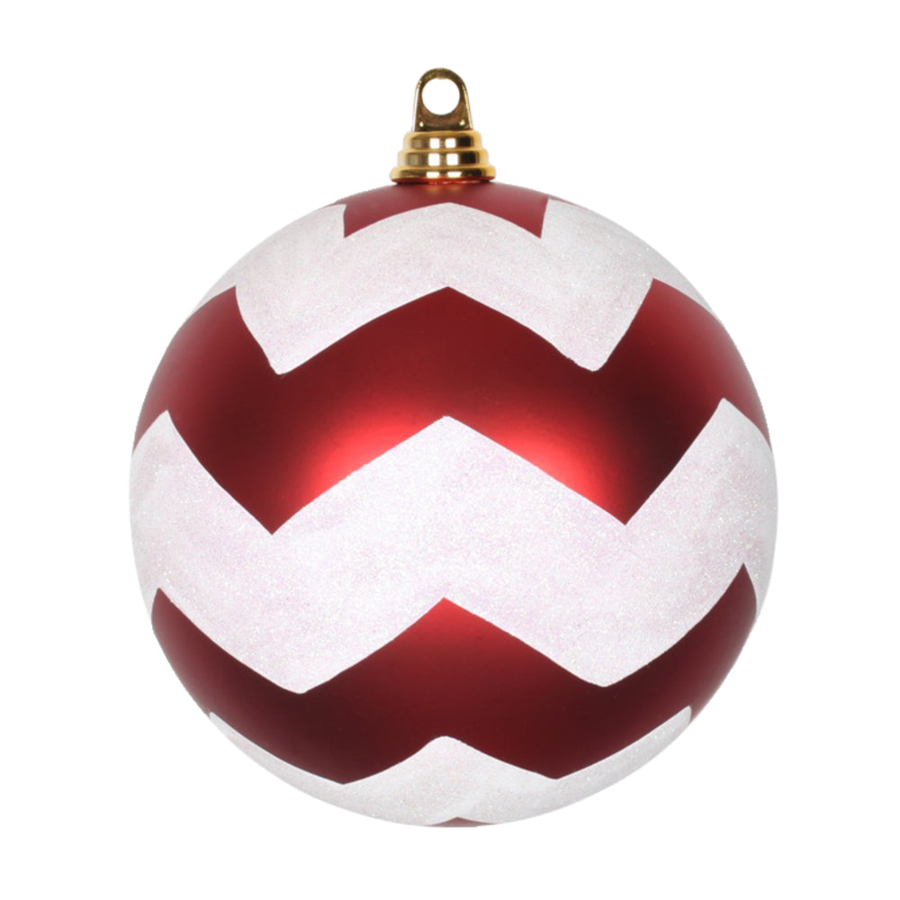 Vickerman 8" Red and White Matte Chevron Ball Christmas Ornament with Glitter Accents