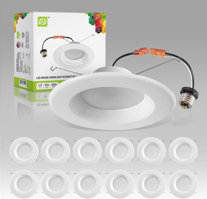 ASD Lighting LED Round Downlight Retrofit Kit 5'' and 6" 12W 120V CCT Selectable 2700/3000/3500/4000/5000K Dimmable PC, Baffle Trim, White UL 12pack
