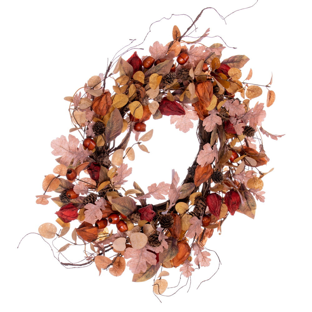 Vickerman 22" Autumn Orange Assorted Artificial Leaf Wreath with Maple leaves and Pinecones.