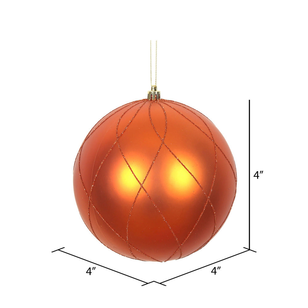 Vickerman 4" Burnished Orange Matte and Glitter Swirl Ball Ornament 4 per Box