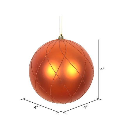 Vickerman 4" Burnished Orange Matte and Glitter Swirl Ball Ornament 4 per Box