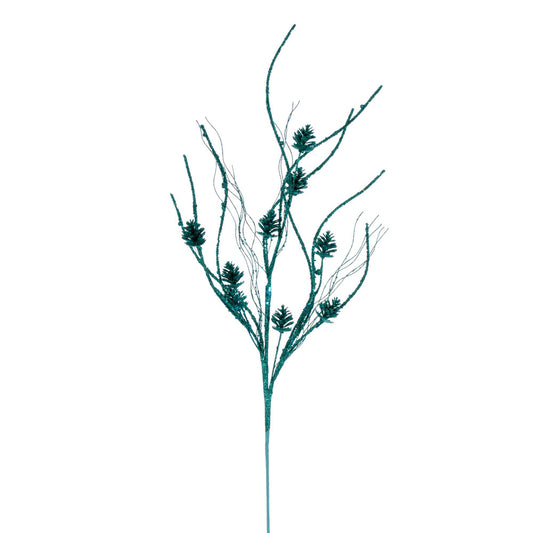 Vickerman 32" Teal Mini Pinecone Twig Glitter Spray 6 per bag.