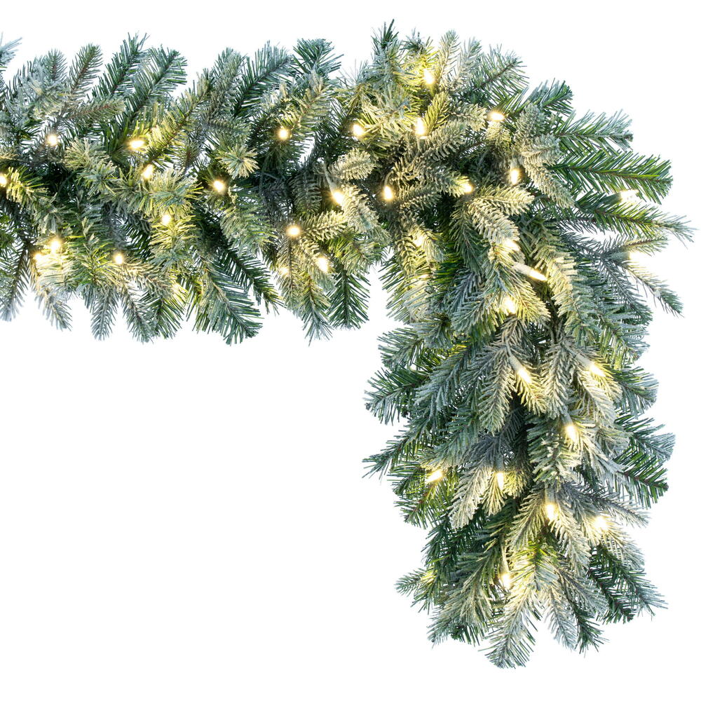 Vickerman 9' x 14" Frosted Douglas Fir Artificial Garland with Warm White LED Lights.