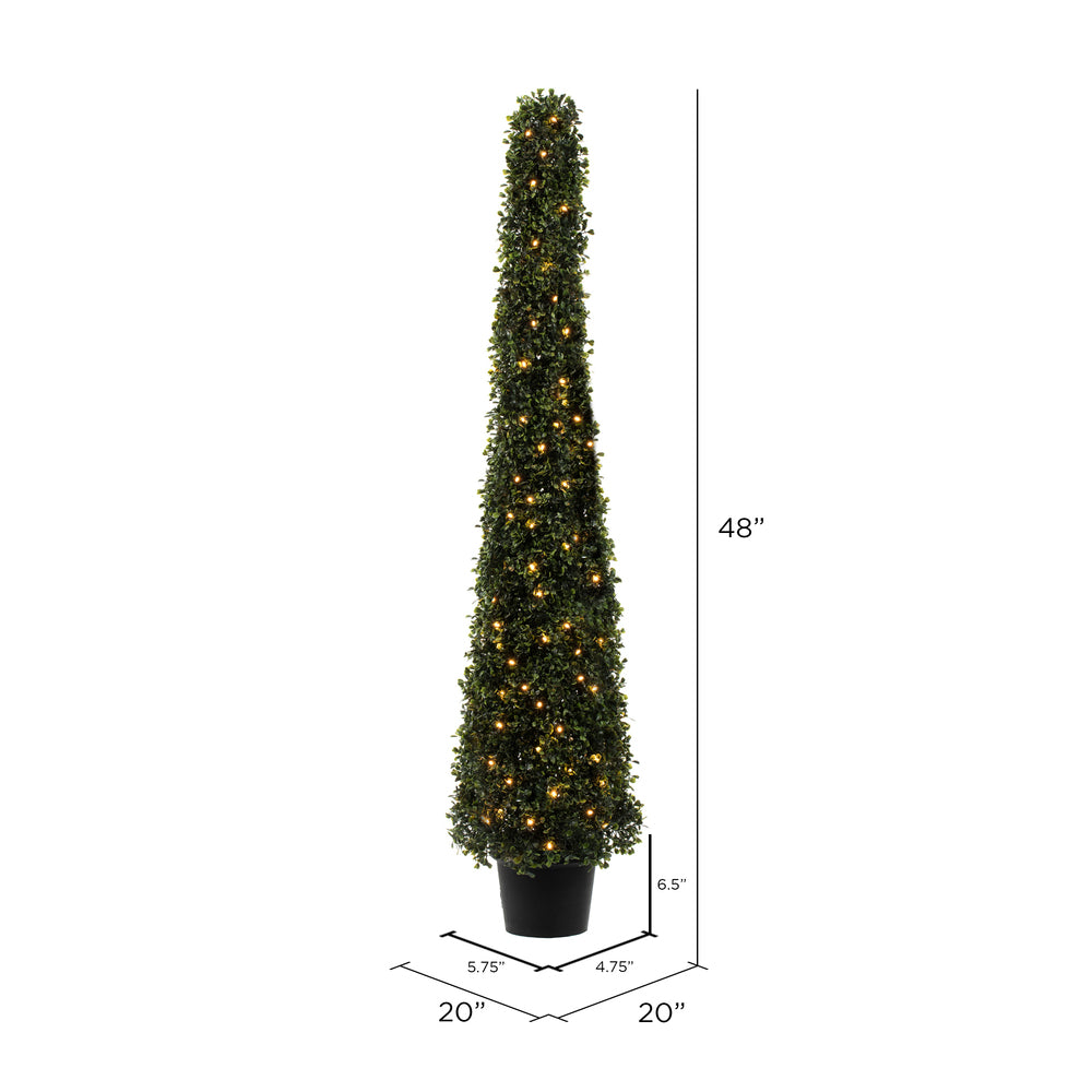 Vickerman 4' Potted Artificial Boxwood Cone with Warm White LED Lghts.