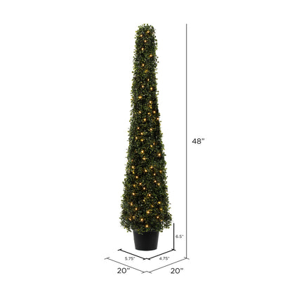 Vickerman 4' Potted Artificial Boxwood Cone with Warm White LED Lghts.