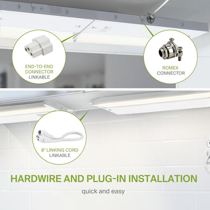 ASD Lighting LED Under Cabinet Swivel 48" 24W 120V Dimmable CCT Selectable 2700/3000/4000K Hardwired or Plug-in, Linkable, Hi/Low Switch, White UL