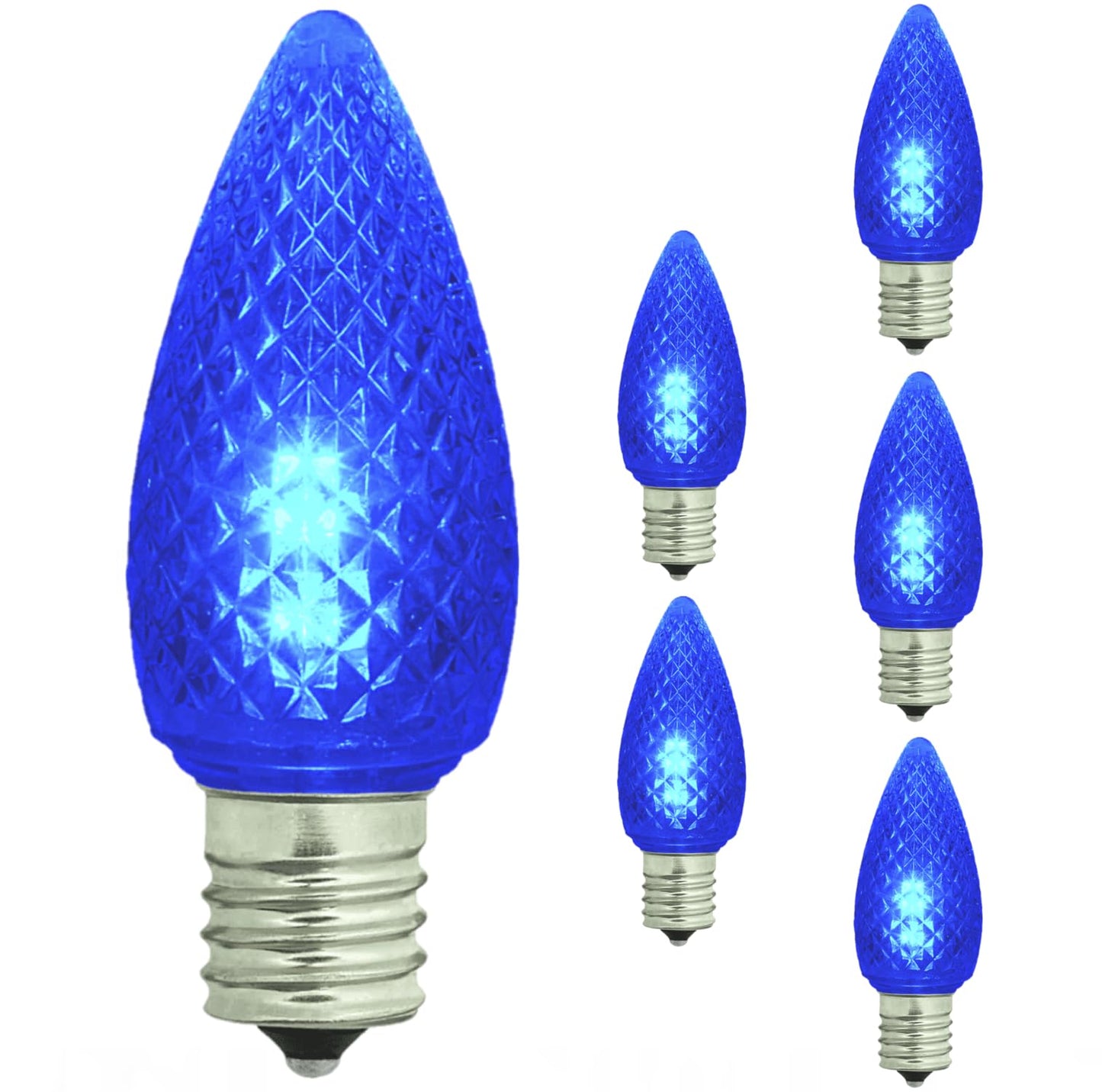 Damar- C9 LED Replacement Christmas Light Bulbs Twinkle Faceted Transparent Blue 0.6W-0.96W E17 Intermediate Base 100-130V Pack of 6- Commercial Grade Shatterproof String Colored Lights for Holiday