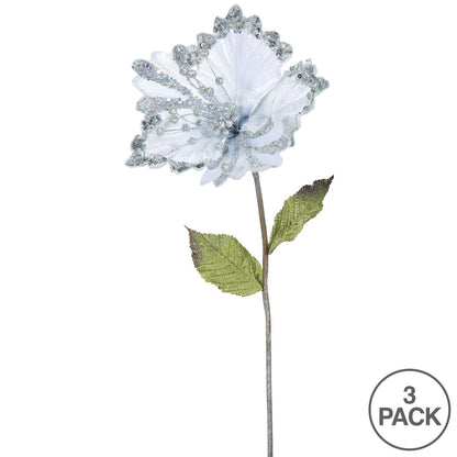 Vickerman 23" Silver Hibiscus Artificial Christmas Pick 3 per Bag