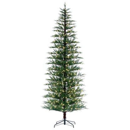 Vickerman 9' x 48" Western Cedar Artificial Slim Pre-lit Christmas Tree with 550 Dura-Lit® Warm White LED Mini Lights. It measures 108 inches tall and 48 inches wide, which is considered a slim profile. This tree boasts 1220 tips for a realistic look. Pre