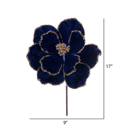 Vickerman 17" Artificial Midnight Blue and Gold Edge Magnolia Christmas Stem 5 per bag
