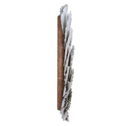 Vickerman Natural Botanicals 24" White Washed Palm Spear Wreath. This wreath measures 24 inches in diameter. It features white washed palm spear leaves on a coco fiber base. This is a dried and preserved natural product.