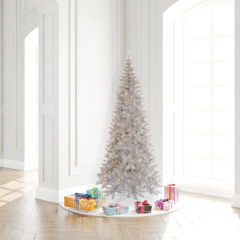 Vickerman 6.5' Silver Tinsel Fir Slim Artificial Christmas Tree Warm White Dura-lit LED Lights