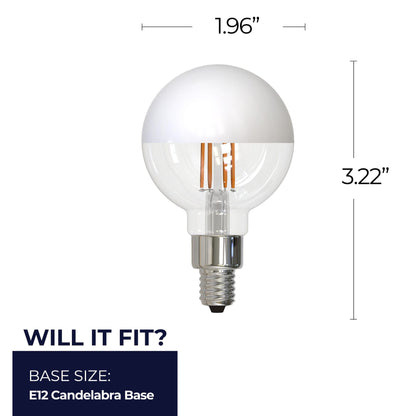 Bulbrite 862066 LED Filament Pack of (2) 2.5 Watt Dimmable G16 Light Bulb with Half White Glass Finish and Candelabra (E12) Base - 2700K (Warm White Light), 200 Lumens