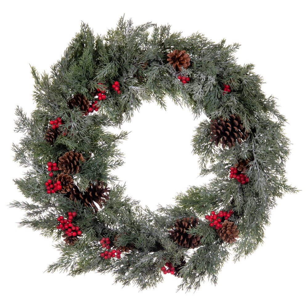Vickerman 25" Artificial Green Cypress Cone Berry Wreath.