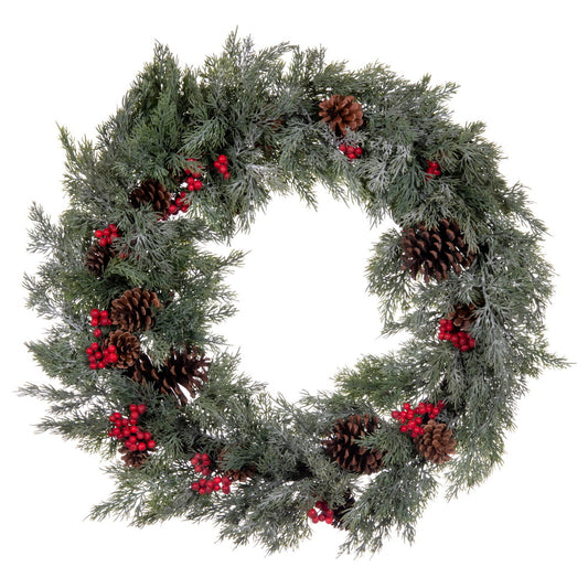 Vickerman 25" Artificial Green Cypress Cone Berry Wreath.
