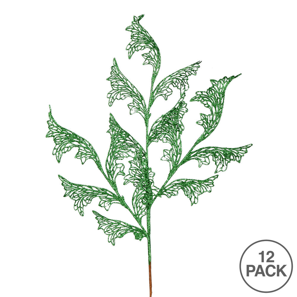 Vickerman 27" Green Glitter Coral Bells Leaf Lace Artificial Christmas Spray. Includes 12 sprays per pack.
