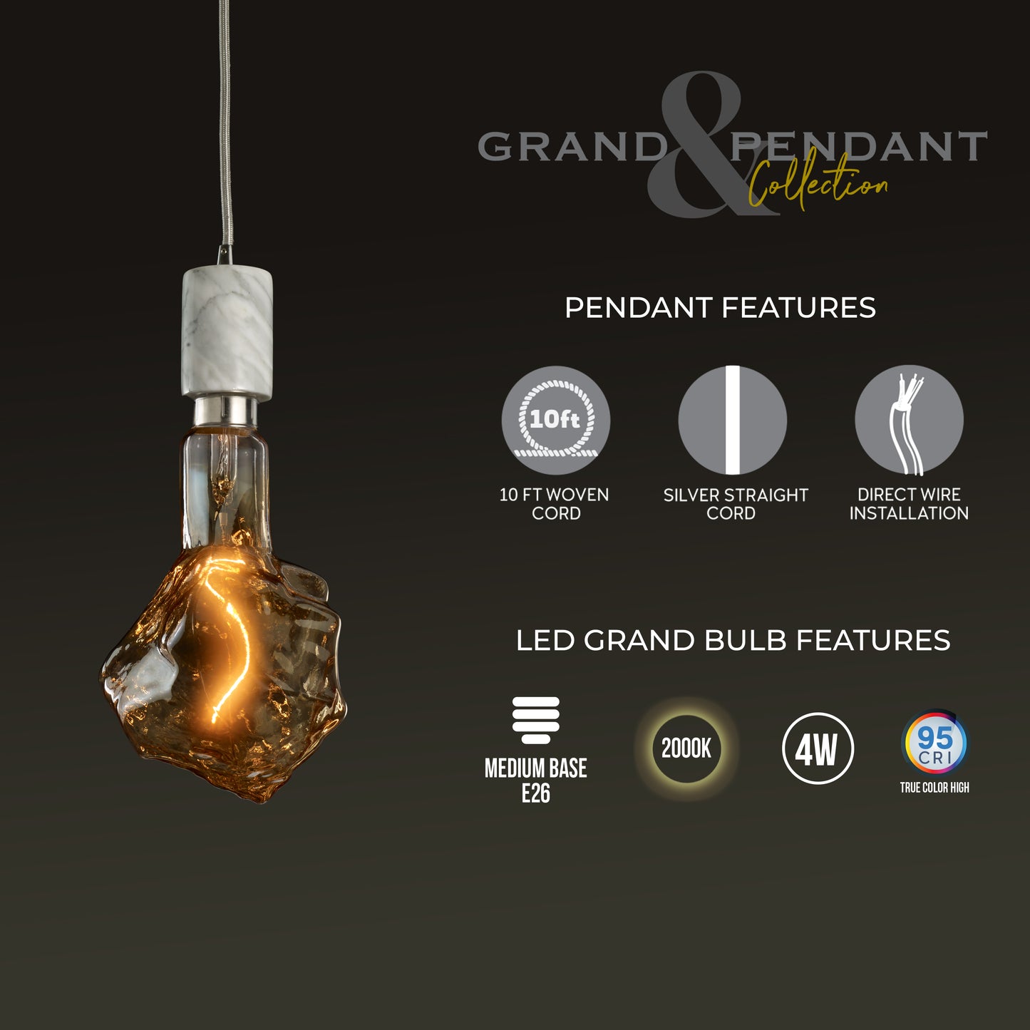 Bulbrite LED Grand Bulb and Pendant Kit of (1) 4 Watt Antique Glass 13" Glacier Shaped Bulb and (1) White Marble Open Socket Pendant on White Fabric Braided Cord - 2000K (Amber Light)