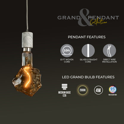 Bulbrite LED Grand Bulb and Pendant Kit of (1) 4 Watt Antique Glass 13" Glacier Shaped Bulb and (1) White Marble Open Socket Pendant on White Fabric Braided Cord - 2000K (Amber Light)