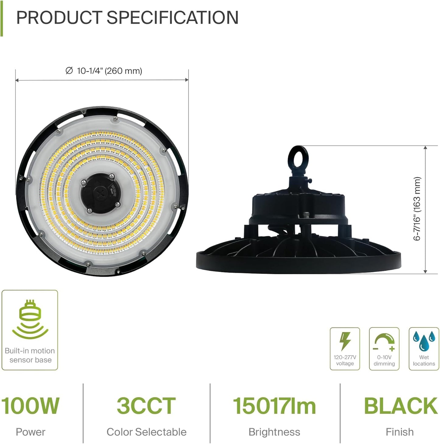 ASD Lighting Q-base LED UFO High Bay 100W CCT Selectable 3000/4000/5000K Dimmable Black UL DLC Premium